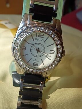 Studio Silver Crystal Bezel Watch with White Dial and Black Bracelet